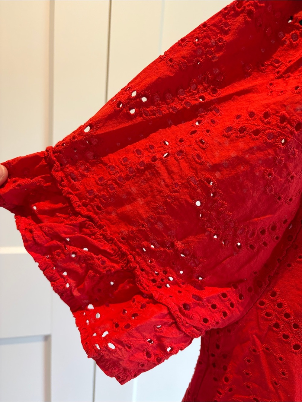 Bright Red Eyelet Dress with Puff Sleeves - Picture 5 of 8
